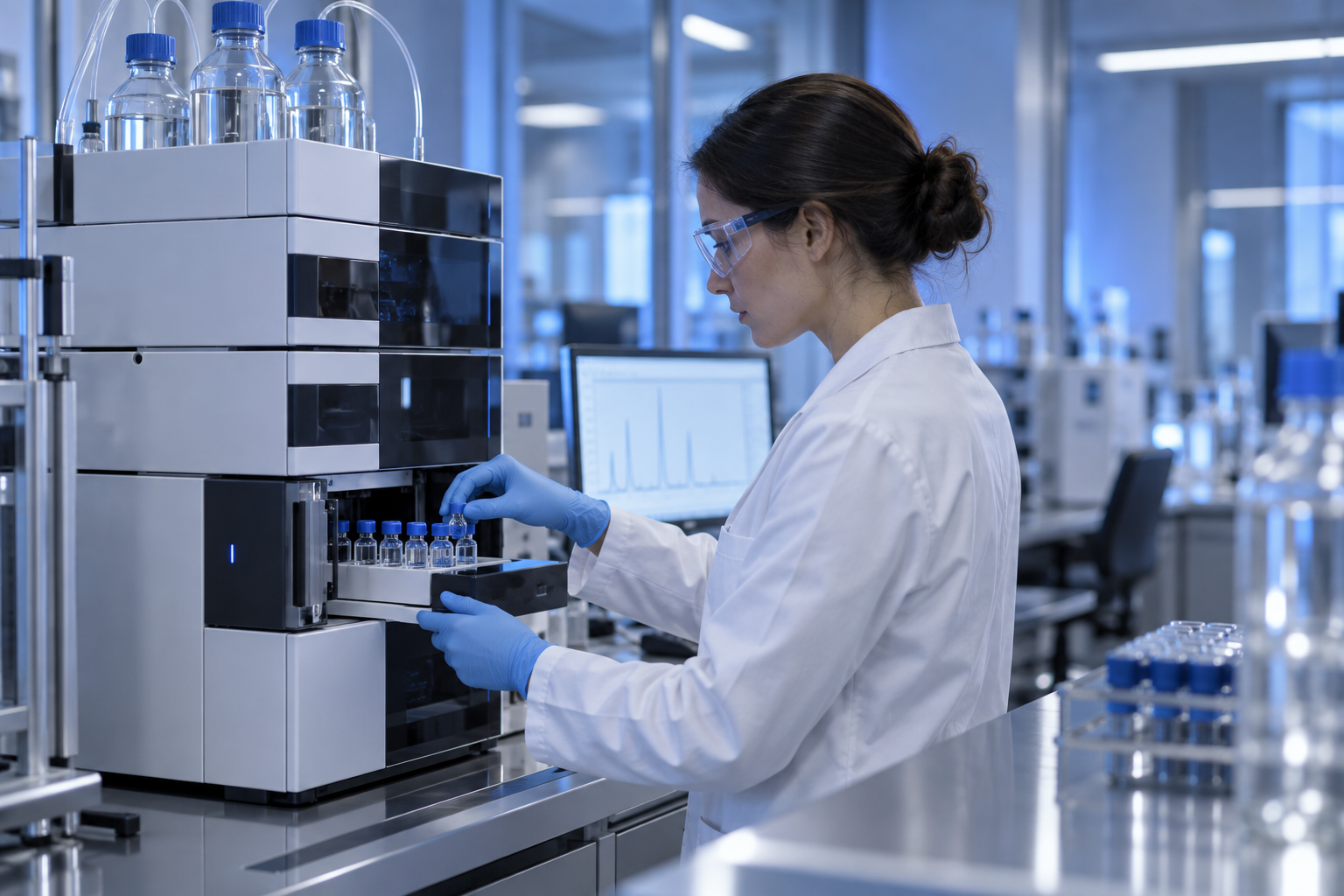 Scientist operating an HPLC instrument in a modern analytical laboratory